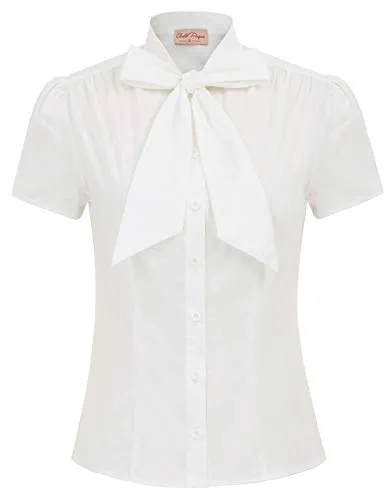 Belle Poque Retro Women Elegant Front Bow Knotting Buttons Short Sleeve T Shirt Top Ivory#819 S steampunk buy now online