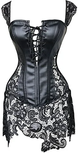 EUDOLAH Women's Gothic Lace Up Front Punk Faux Leather Bustier Corset Dress Plus Size Lingerie Sets Large (XL, Black) steampunk buy now online