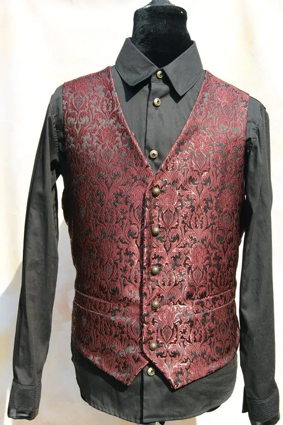 Burgundy and Black Regal brocade Waistcoat Goth Steampunk Victorian Edwardian Chap Groom Wedding Obsidian NEW by ObsidianGothic steampunk buy now online