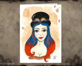 Greeting Card - Steampunk Blank Inside Top Hat Goggles Tea Lady Bright Hair Cute Pretty Goth Corset Pin Up Portrait Illustration by VictoriaThorpeArt steampunk buy now online