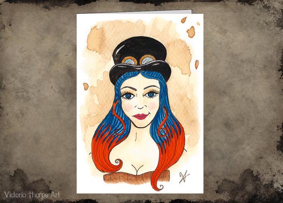 Greeting Card - Steampunk Blank Inside Top Hat Goggles Tea Lady Bright Hair Cute Pretty Goth Corset Pin Up Portrait Illustration by VictoriaThorpeArt steampunk buy now online