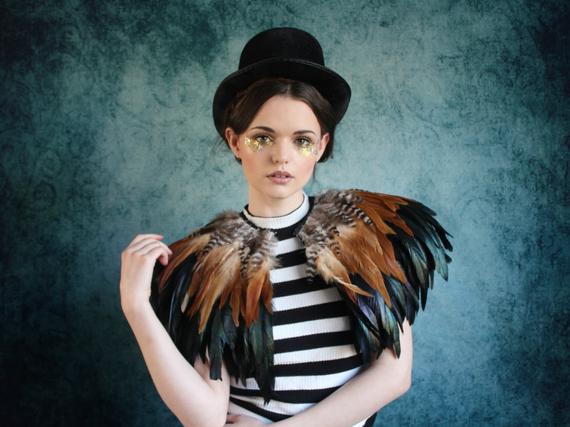 Natural feather shrug, steampunk cape, feathered capulet by rougepony steampunk buy now online