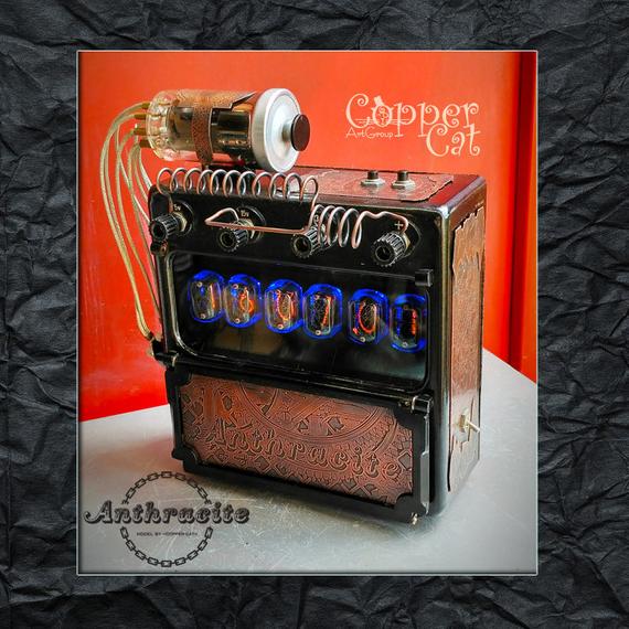 Nixie Tubes Alarm Clock 6 IN-12 «Anthracite» from Copper Cat Art Group Unique steampunk artwork. by CopperCatGroup steampunk buy now online