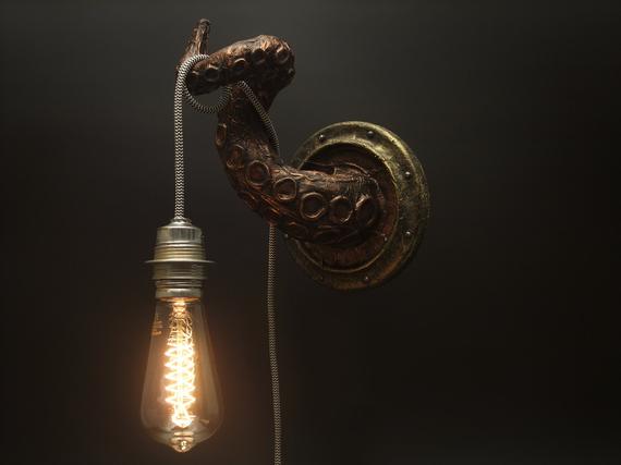 Octopus Wall Light Bracket - Tentacle Porthole Steampunk Sculpture - Industrial Wall Art Sea Pub Loft eco friendly paper mache gift by SimplyModernGoods steampunk buy now online