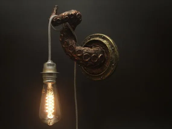 Octopus Wall Light Bracket - Tentacle Porthole Steampunk Sculpture - Industrial Wall Art Sea Pub Loft eco friendly paper mache gift by SimplyModernGoods steampunk buy now online Octopus Wall Light Bracket - Tentacle Porthole Steampunk Sculpture - Industrial Wall Art Sea Pub Loft eco friendly paper mache gift by SimplyModernGoods steampunk buy now online