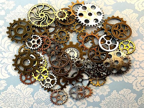 Old Steampunk Gears Cogs Buttons Watch Parts Altered Art Brass Silver Gold Copper Charms Jewelry Gothic Beads Supplies Crafts Sprocket Face by AKeyToHerHeart steampunk buy now online