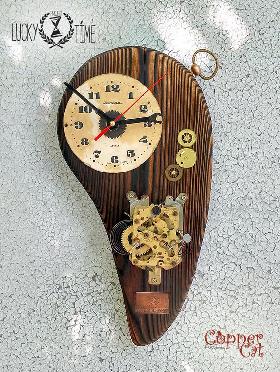 Steampunk Wooden Wall Clock "LuckyTime Project" by "Copper Cat Art Group" Home retro decor "Eco" & "Recycle" by CopperCatGroup steampunk buy now online