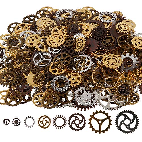 Teenitor 200 Gram Assorted Antique Steampunk Gears Charms Cogs Pendant Clock Watch Wheel Gear for Crafting Jewelry Making Accessory Bronze Copper Gold & Silver Mixed Color (Approx 140pcs) steampunk buy now online