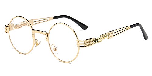 BOZEVON Retro Steampunk Style Inspired Round Metal Circle Sunglasses for Women & Men Gold-Transparent steampunk buy now online
