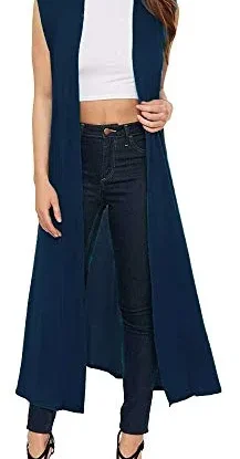 Womens Ladies Sleeveless Maxi Long Length Boyfriend Cardigan Collared Top Long Floaty Duster Jacket Coat Blazer Waistcoat (UK 20-22 XXL (Plus Size), Navy Blue) steampunk buy now online
