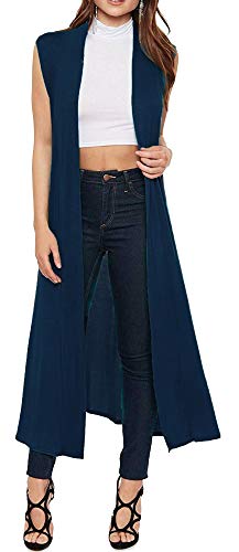 Womens Ladies Sleeveless Maxi Long Length Boyfriend Cardigan Collared Top Long Floaty Duster Jacket Coat Blazer Waistcoat (UK 20-22 XXL (Plus Size), Navy Blue) steampunk buy now online