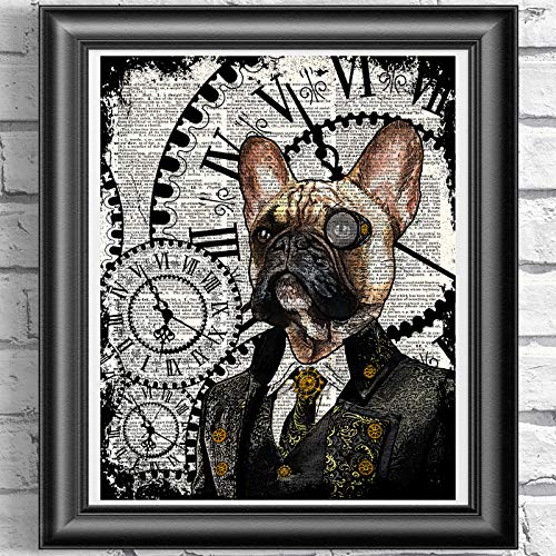 French Bulldog Steampunk art print, Dog Home Decor on antique dictionary book page steampunk buy now online