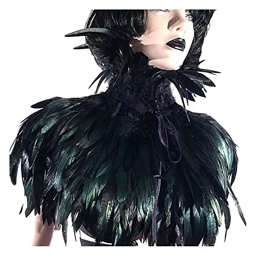 TOOKY Black Gothic Victorian Natural Feather Cape Shawl Stole Poncho with Choker Collar(Size: One Size) steampunk buy now online