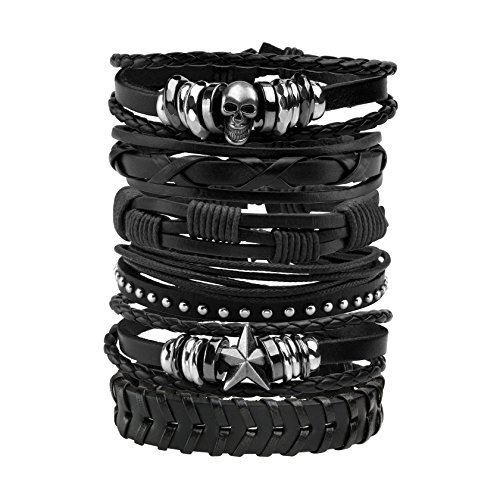 MILAKOO 6 Pcs Leather Bracelet Black Brown Braided Wide Wristband Women Men Punk Jewelry Skull steampunk buy now online
