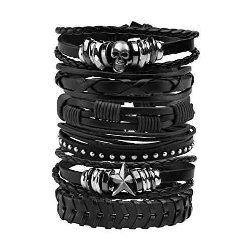 MILAKOO 6 Pcs Leather Bracelet Black Brown Braided Wide Wristband Women Men Punk Jewelry Skull steampunk buy now online