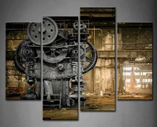 4 Panel Wall Art Metallurgical Firm Waiting For A Demolition Machine Old Factory Painting Pictures Print On Canvas Architecture The Picture For Home Modern Decoration Piece Wooden Frame Ready To Hang steampunk buy now online