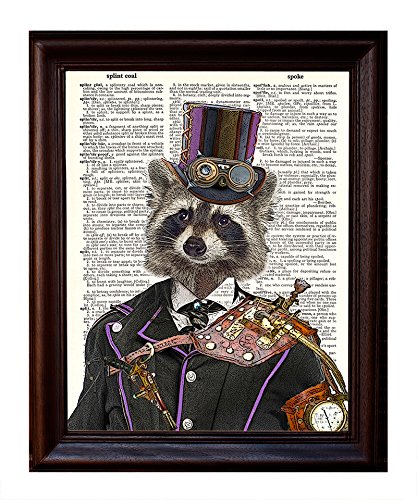 Dictionary Art Print - Steampunk Racoon Colonel Roderick Racoonbottom - Printed on Recycled Vintage Dictionary Paper - 8x11 - Mixed Media Poster on Vintage Dictionary Page by Fresh Prints of CT steampunk buy now online
