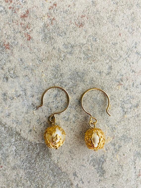 Gold Filigree Wrapped Pearl Drop earrings by GrannyandtheGeek steampunk buy now online