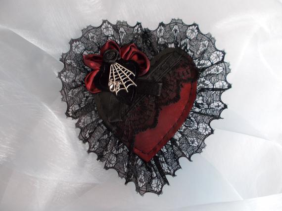 Gothic Brooch, Gothic Pin, Steampunk Brooch, Victorian Brooch, Pin, Heart Shaped, Photo Shoot, Cosplay, Valentines, Gift, Red, Black, Lacy by ElegantDarkness steampunk buy now online