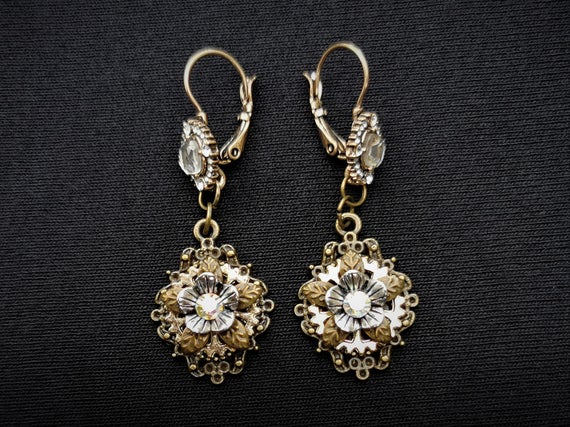Steampunk Art Nouveau floral drop earrings with iridescent diamante crystal rhinestones by KindHeartsEmporium steampunk buy now online