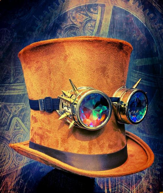 Steampunk Hat Brown Tall Bell Top Hat Holographic Goggles Fancy Dress Christmas Halloween by Stylexparty steampunk buy now online