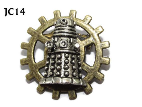 Steampunk pin badge brooch silver coloured Doctor Who dalek on bronze cog / gearwheel #JC14 by CaptainCumberpatch steampunk buy now online