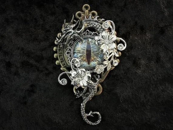 Stunning Gothic Fantasy Steampunk dragon jewellery pin brooch badge + icy blue eye beneath a curled silver dragon - Game of Thrones-inspired by KindHeartsEmporium steampunk buy now online