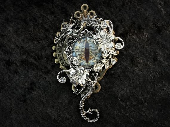 Stunning Gothic Fantasy Steampunk dragon jewellery pin brooch badge + icy blue eye beneath a curled silver dragon - Game of Thrones-inspired by KindHeartsEmporium steampunk buy now online