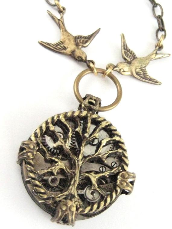 Tree of Life with Sparrows ... Steampunk Tree of Life Necklace by JewelsByNature steampunk buy now online