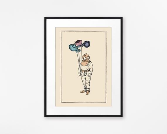 Vintage Surreal Print, Funny Steampunk Diver Wall Print, Vinatge Balloons by BrightBlueStar steampunk buy now online