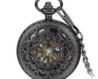 Avaner Unisex Antique Steampunk Black Skeleton Spider Web Pattern Hand Wind Mechanical Movement Roman Numeral Pocket Watch Gift with 14 inches Chain steampunk buy now online