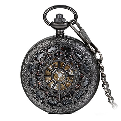 Avaner Unisex Antique Steampunk Black Skeleton Spider Web Pattern Hand Wind Mechanical Movement Roman Numeral Pocket Watch Gift with 14 inches Chain steampunk buy now online