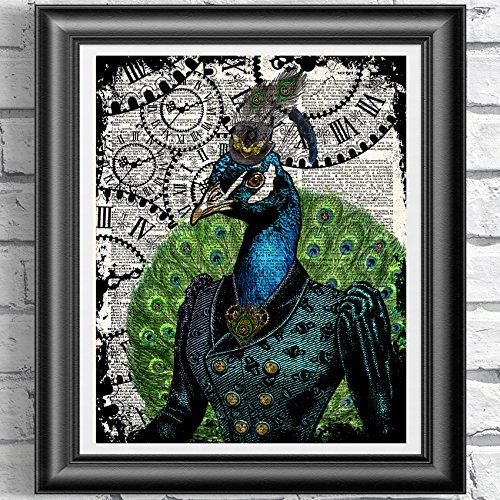 Peacock art print, Poster Print on Antique Dictionary book page, wall decor, Home decor, unique gift, Steampunk Peacock, Wall decor steampunk buy now online