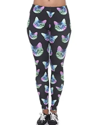 Kukubird Printed Patterns Women's Yoga Leggings Gym Fitness Running Pilates Tights Skinny Pants 8 to 12 Stretchable - Neon Cat Black steampunk buy now online