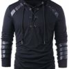 Men Gothic Steampunk Drawcord Lace up Hoodie Medieval Knight Long Sleeve Stitching Leather Armor Sweatshirt Pullover Black, XL steampunk buy now online