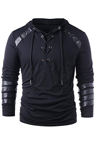 Men Gothic Steampunk Drawcord Lace up Hoodie Medieval Knight Long Sleeve Stitching Leather Armor Sweatshirt Pullover Black, XL steampunk buy now online