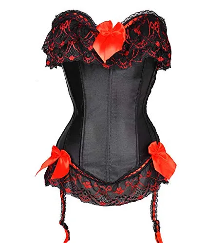 SLIMBELLE Brocade Corset Jacquard Overbust Gothic Satin Lace up Suspenders G String, Black-red, 3XL steampunk buy now online