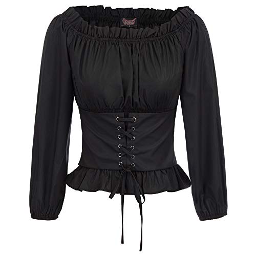 SCARLET DARKNESS Women Tops Off-The-Shoulder Cotton Corset Lacing Neckline with Ruffle Tops S Black steampunk buy now online