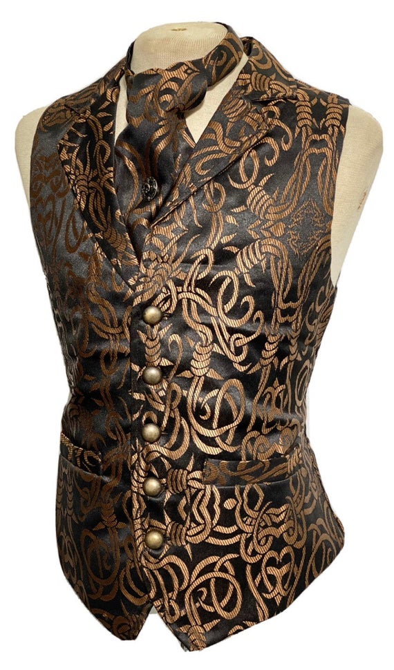 3 pcs Waistcoat Brown/Black Brocade barbwire designs Waistcoat with same fabric Self cravat Tiepin, magnify to fit 40",42,44",46” by SteamPunkMastery steampunk buy now online