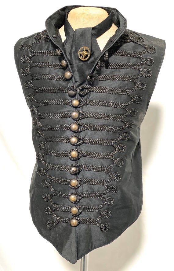 3pcs Steampunk Black Waistcoat with black Braiding with self tie black silk Cravat ,cog tiepin in size 40"42"44"46" by SteamPunkMastery steampunk buy now online