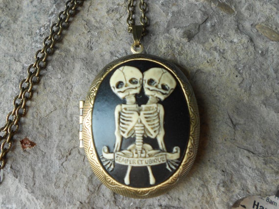 Bronze Hand Painted Cameo Locket!!! Skeleton Twins on Black!! - High Quality!!! Skull, Keepsakes, Goth, Steampunk, Rockabilly, Halloween by THEPROUDBUFFALO steampunk buy now online