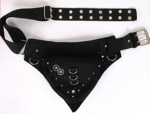 Hip bag, in plus sizes also, made of strong black organic cotton canvas, belt bag with studs and steampunk gears by Hipsypixie steampunk buy now online