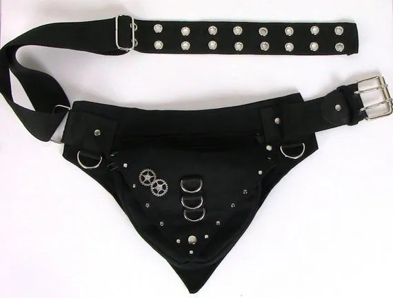 Hip bag, in plus sizes also, made of strong black organic cotton canvas, belt bag with studs and steampunk gears by Hipsypixie steampunk buy now online