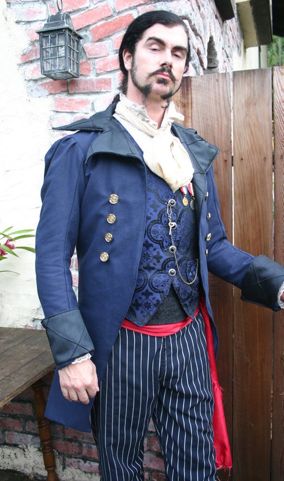 Royal Blue Linen and Black Swallowtai Steampunk Pirate Wedding Jacket, Vests, Trousers, Spats Ensemble by dashandbag steampunk buy now online
