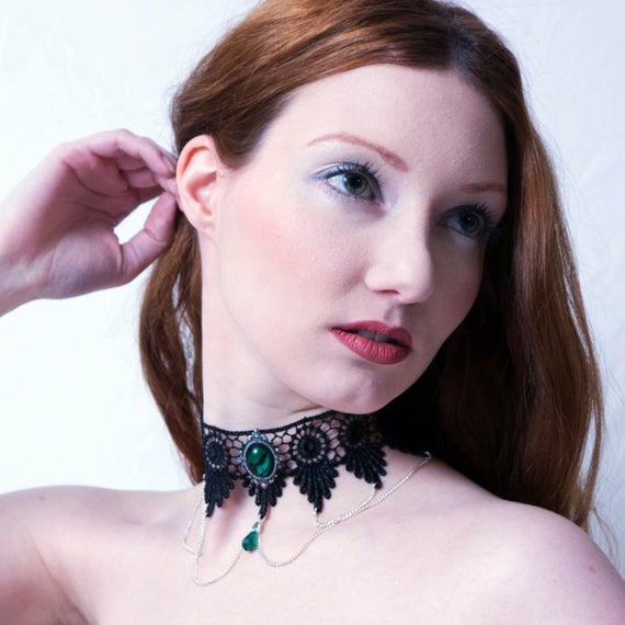 Victorian gothic choker necklace - Emerald green Swarovski crystal lace & draped chains - Steampunk wedding - SINISTRA by DarkEleganceDesigns steampunk buy now online
