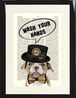 Heart n Home Funny Loo Toilet Sign. Steampunk Dog with Bow Tie and Hat Wash Your Hands. Framed Dictionary Art Print Poster for Bathroom printed on a Vintage Book Page. Presented in a Black Wood Frame steampunk buy now online