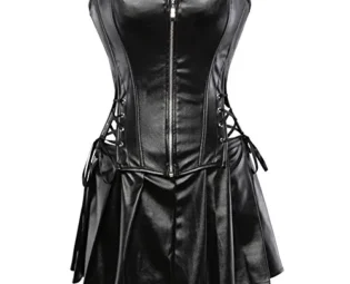 Grebrafan Women Faux Leather Corset Dress Gothic Punk Zipper Corset with Skirt (UK(16-18) 3XL, Black) steampunk buy now online