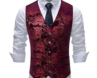 Allthemen Mens Paisley Jacquard Suit Waistcoat Single Breasted Vest Dress Vest Slim Fit Button Down Prom Formal Suit Vest Waistcoats , Red, L steampunk buy now online