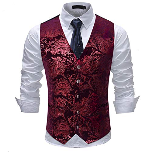 Allthemen Mens Paisley Jacquard Suit Waistcoat Single Breasted Vest Dress Vest Slim Fit Button Down Prom Formal Suit Vest Waistcoats , Red, L steampunk buy now online