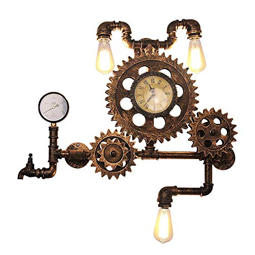 ZSAIMD 3-Lights Industrial Vintage Style E27 Edison Farmhouse Industry Steam Punk Wall Sconce Antique Bronze Gear Water Pipes Wall Light with Clock Bedroom Bedside Hallway Wrought Iron Wall Lamp steampunk buy now online